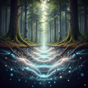 An illustration of a glowing mycelial network connecting tree roots underground.
